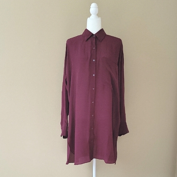 Zara Womens Plum 100% Silk Oversized Button Down Midi Dress - Size Medium - Picture 1 of 11
